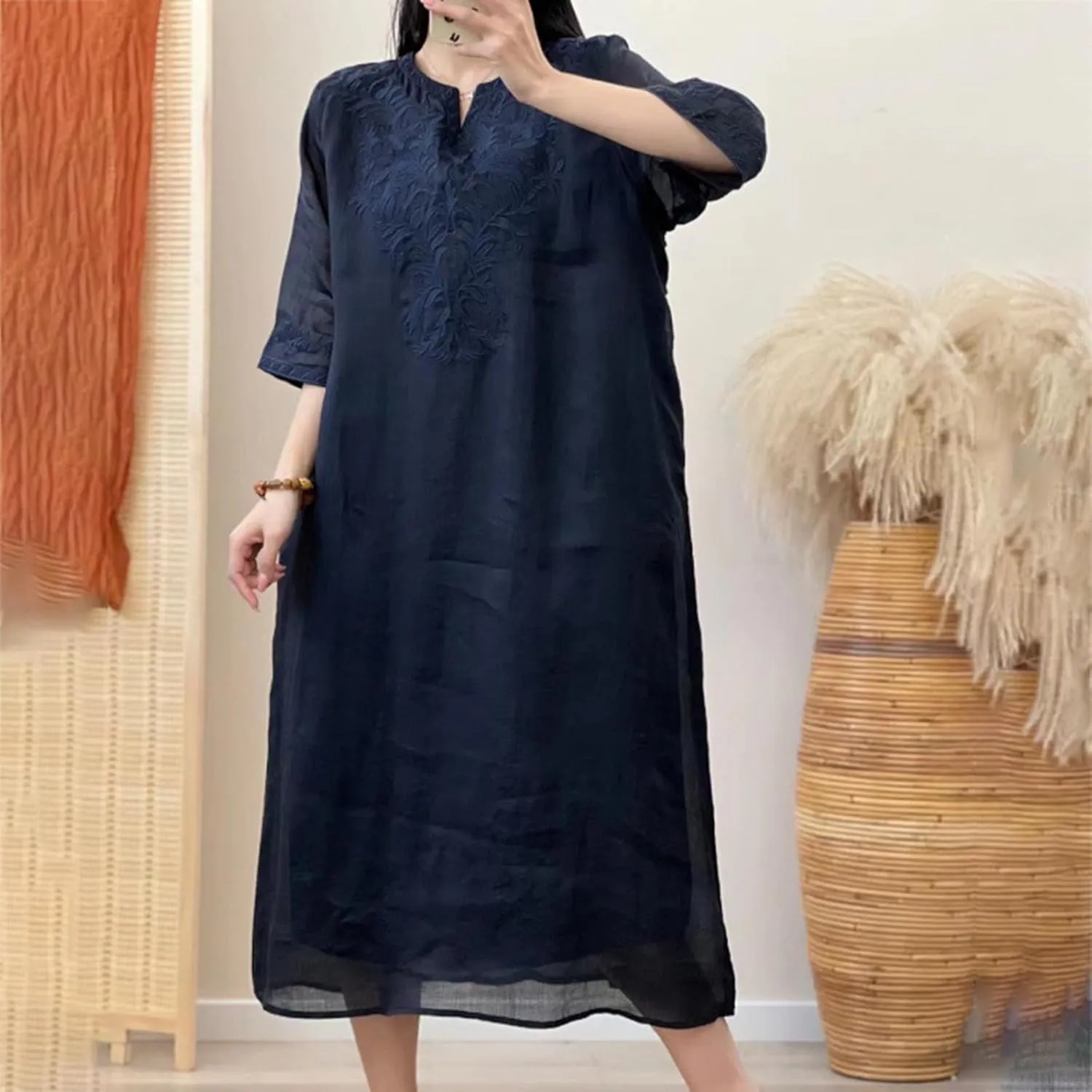 PTOLOCIF Women's Summer Short Sleeve Maxi Dress 2025 Casual Loose V Neck Hem Shift Sundress Vinatge Boho Long Dresses