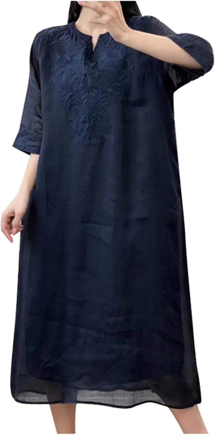 PTOLOCIF Women's Summer Short Sleeve Maxi Dress 2025 Casual Loose V Neck Hem Shift Sundress Vinatge Boho Long Dresses