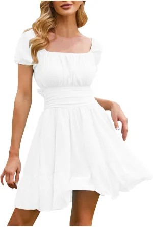Puff Sleeve Short Dress for Women Summer Ruffle Hem Waist Casual Mini Dresses Tie Back Square Neck A-Line Sundress
