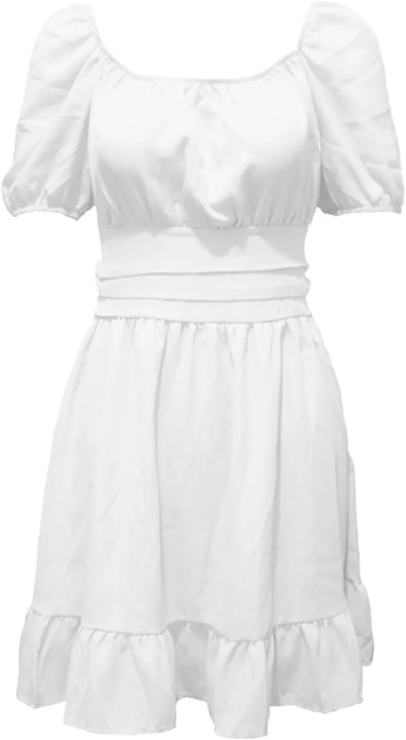 Puff Sleeve Short Dress for Women Summer Ruffle Hem Waist Casual Mini Dresses Tie Back Square Neck A-Line Sundress