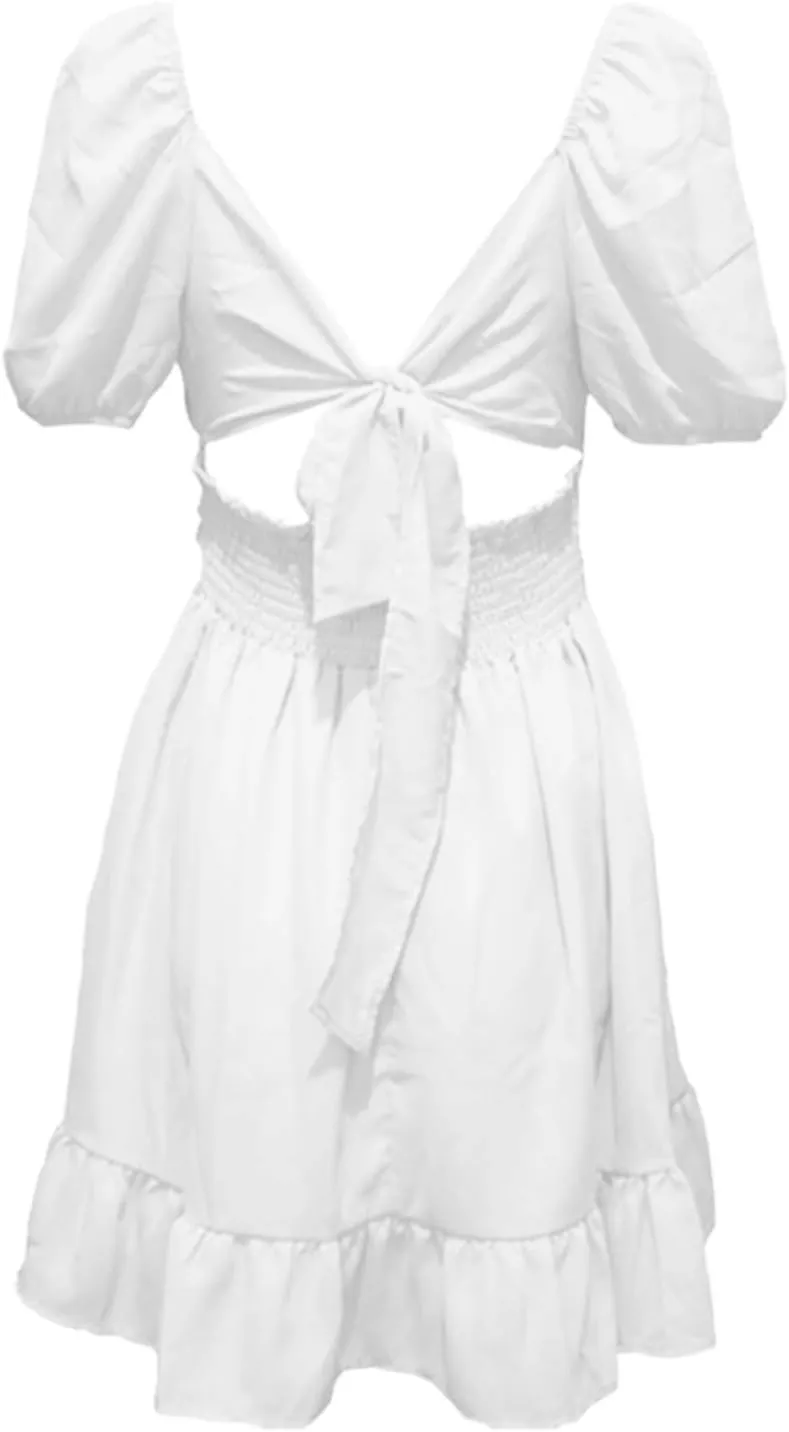 Puff Sleeve Short Dress for Women Summer Ruffle Hem Waist Casual Mini Dresses Tie Back Square Neck A-Line Sundress