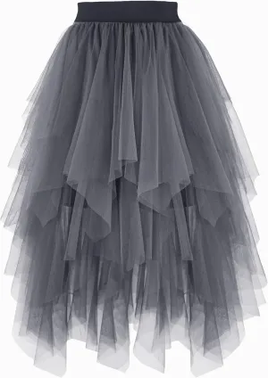 PUKAVT Tulle Skirts for Women High Waist Elastic Midi Skirt A-line Irregular Layered Mesh Tutu Skirts