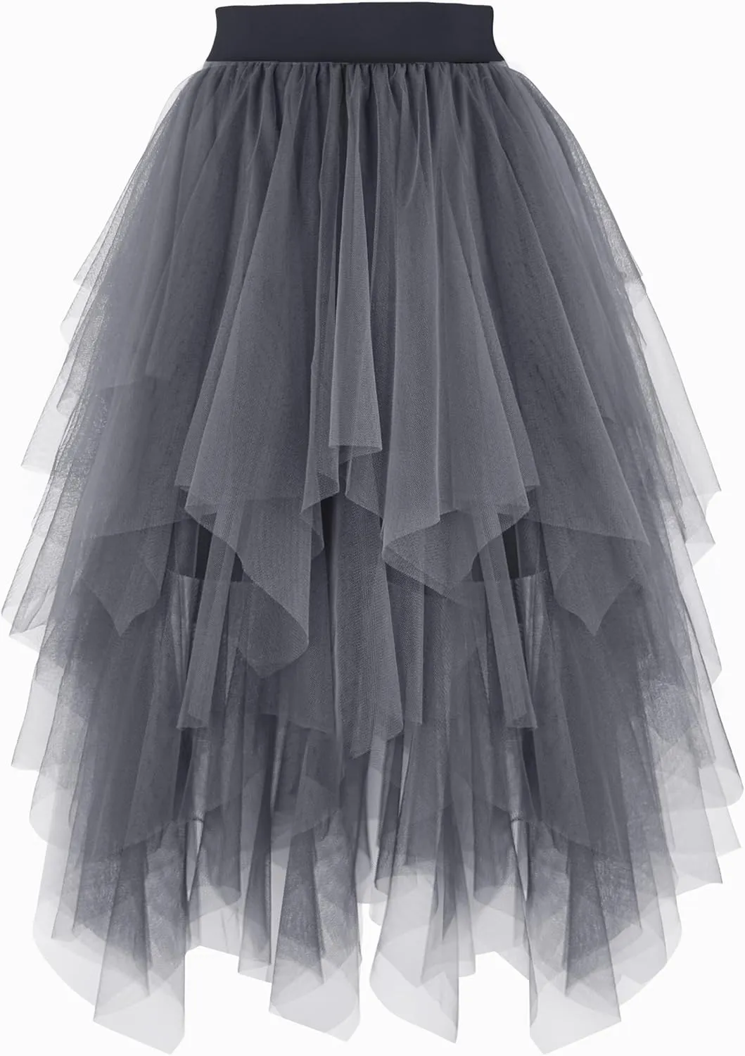 PUKAVT Tulle Skirts for Women High Waist Elastic Midi Skirt A-line Irregular Layered Mesh Tutu Skirts
