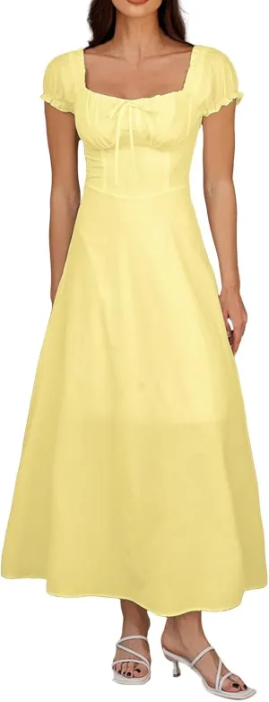Pure Color Midi Corset Dress Boho Flowy Slit Lace Up Dresses for Women Going Out A Line Casual Sundress Bubble Sleeve