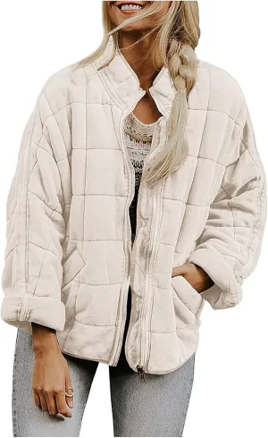 Quilted Jackets for Women Zip Up Plus Size Long Sleeve Coat Lightweight Puffer Jackets Loose Fit Winter Warm Outwear