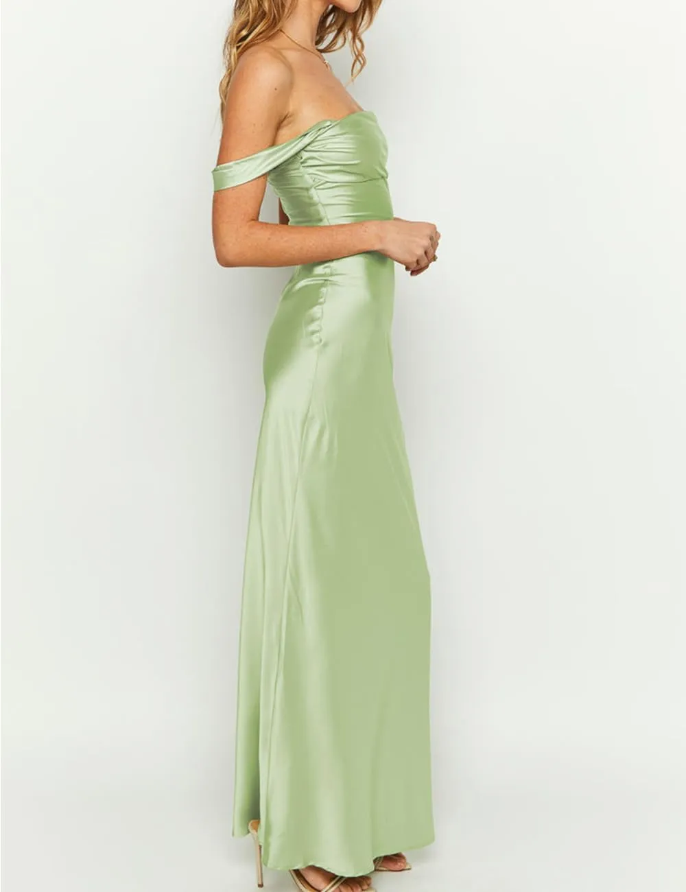 Realtix Elegant Satin Off The Shoulder Ruched Backless Maxi Dress for Women Strapless Tube Sleeveless Bridesmaid Dresses