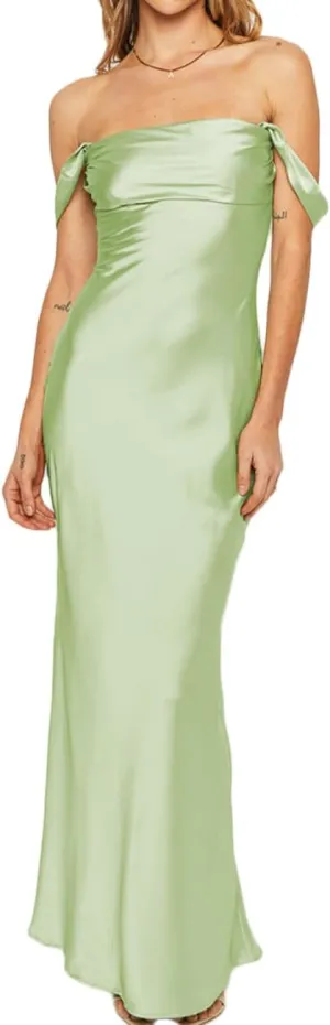 Realtix Elegant Satin Off The Shoulder Ruched Backless Maxi Dress for Women Strapless Tube Sleeveless Bridesmaid Dresses