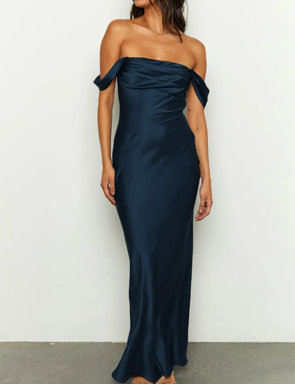 Realtix Elegant Satin Off The Shoulder Ruched Backless Maxi Dress for Women Strapless Tube Sleeveless Bridesmaid Dresses