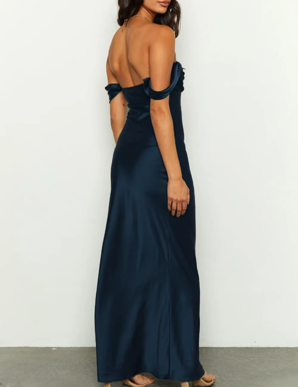 Realtix Elegant Satin Off The Shoulder Ruched Backless Maxi Dress for Women Strapless Tube Sleeveless Bridesmaid Dresses