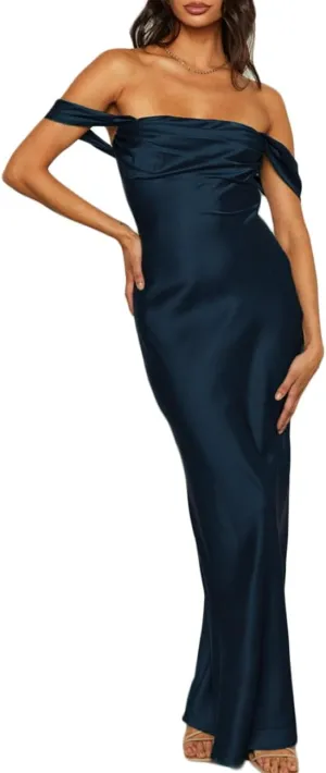 Realtix Elegant Satin Off The Shoulder Ruched Backless Maxi Dress for Women Strapless Tube Sleeveless Bridesmaid Dresses