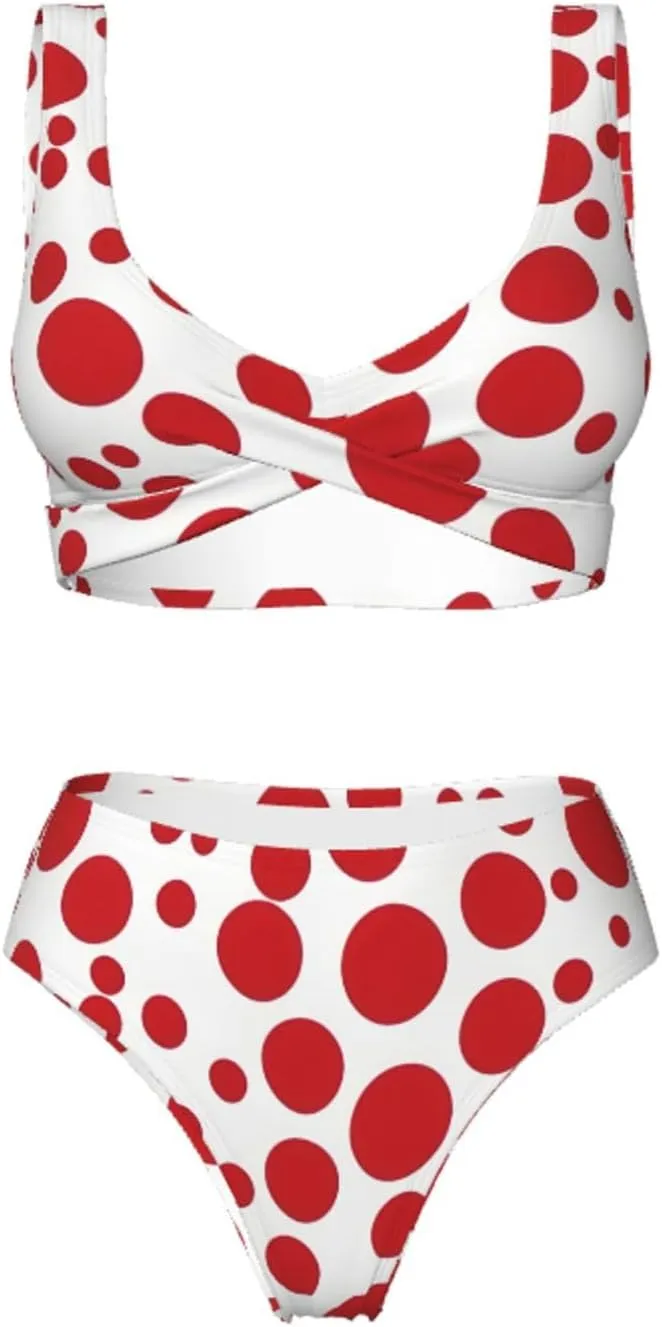 Red & White Polka Dots Bikini Set for Women Front Cross Design Push Up High Waisted Two Piece Swimsuit