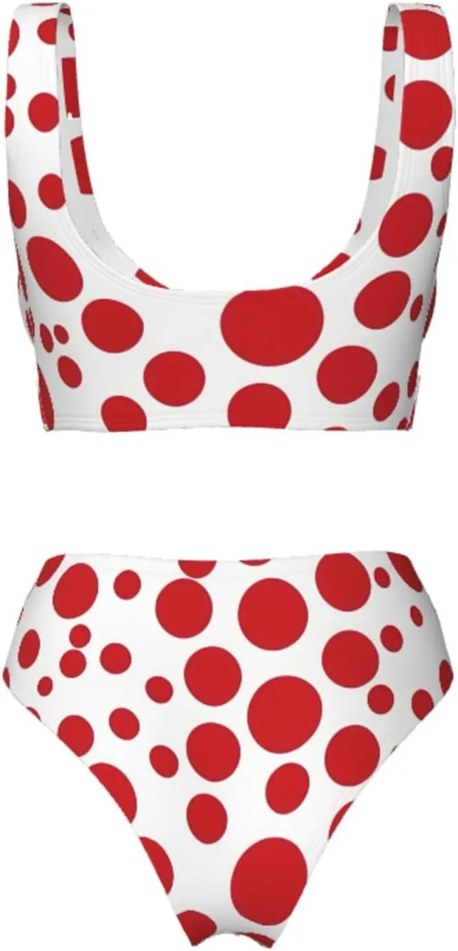 Red & White Polka Dots Bikini Set for Women Front Cross Design Push Up High Waisted Two Piece Swimsuit