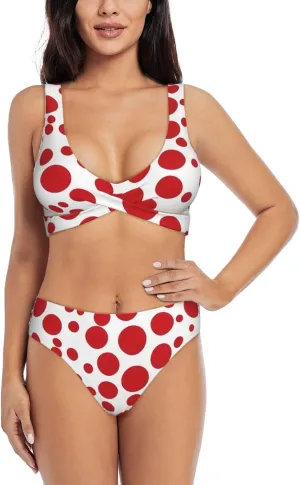 Red & White Polka Dots Bikini Set for Women Front Cross Design Push Up High Waisted Two Piece Swimsuit