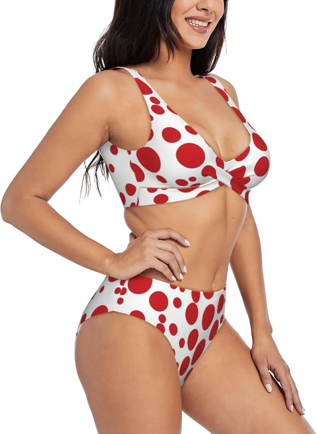 Red & White Polka Dots Bikini Set for Women Front Cross Design Push Up High Waisted Two Piece Swimsuit
