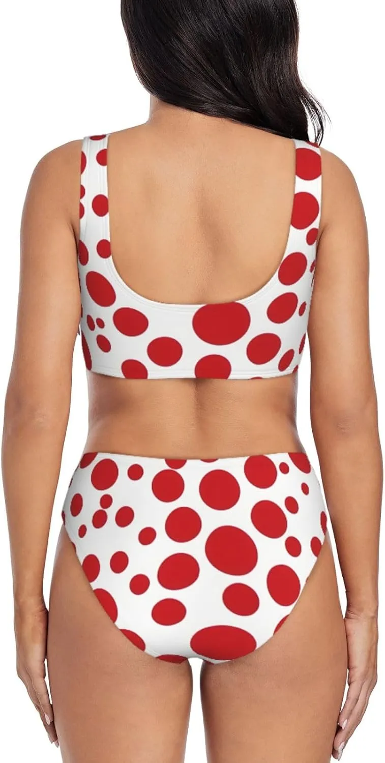 Red & White Polka Dots Bikini Set for Women Front Cross Design Push Up High Waisted Two Piece Swimsuit