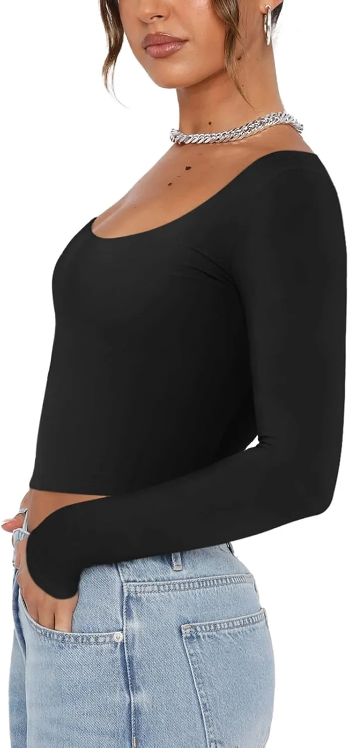 REORIA Womens Sexy Scoop Neck Long Sleeve Double Lined Basic Shirts Fitted Y2K Trendy Crop Tops