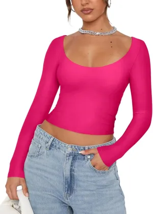 REORIA Womens Sexy Scoop Neck Long Sleeve Double Lined Basic Shirts Fitted Y2K Trendy Crop Tops