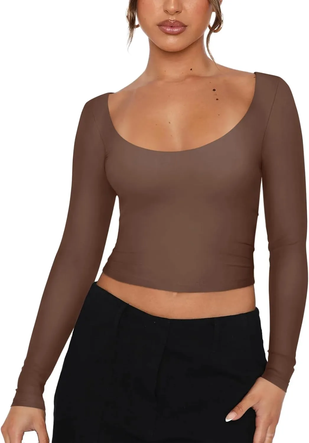 REORIA Womens Sexy Scoop Neck Long Sleeve Double Lined Basic Shirts Fitted Y2K Trendy Crop Tops