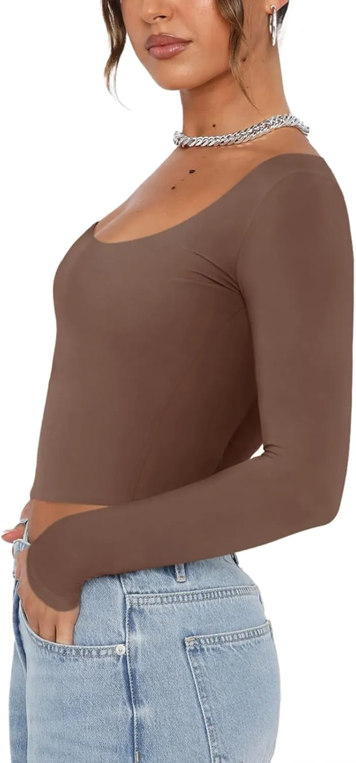 REORIA Womens Sexy Scoop Neck Long Sleeve Double Lined Basic Shirts Fitted Y2K Trendy Crop Tops