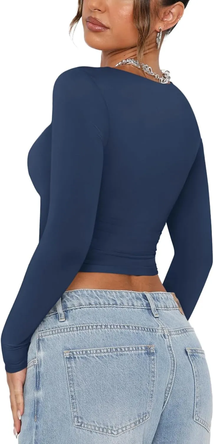 REORIA Womens Sexy Scoop Neck Long Sleeve Double Lined Basic Shirts Fitted Y2K Trendy Crop Tops