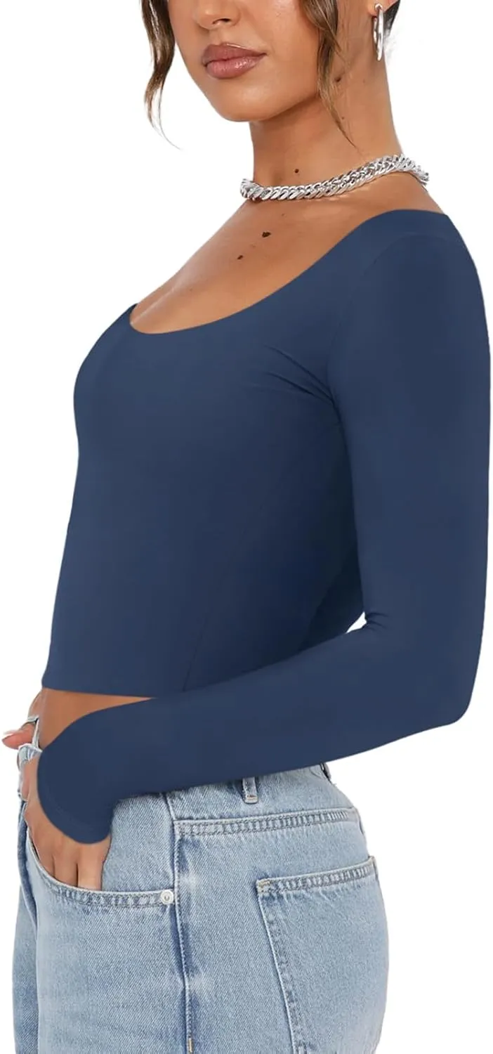 REORIA Womens Sexy Scoop Neck Long Sleeve Double Lined Basic Shirts Fitted Y2K Trendy Crop Tops