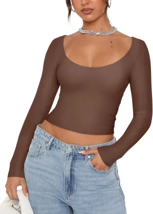 REORIA Womens Sexy Scoop Neck Long Sleeve Double Lined Basic Shirts Fitted Y2K Trendy Crop Tops