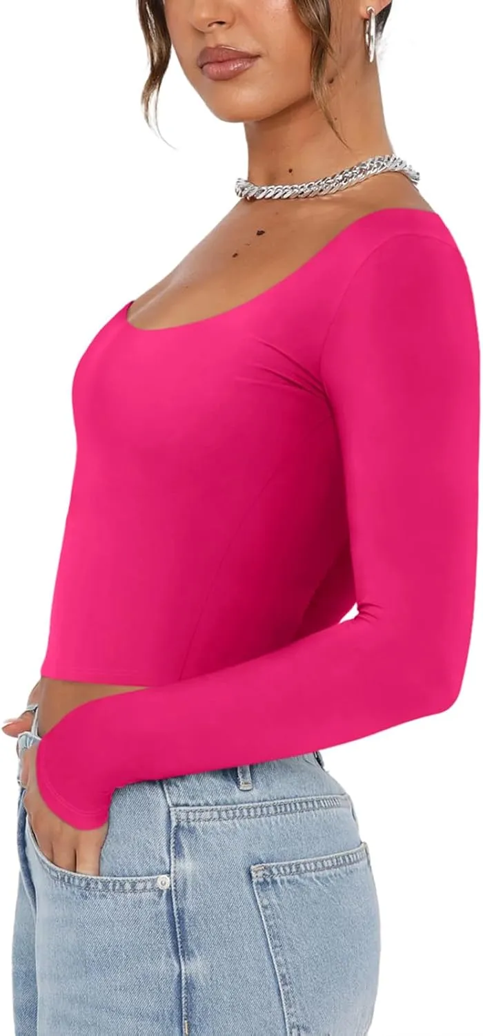 REORIA Womens Sexy Scoop Neck Long Sleeve Double Lined Basic Shirts Fitted Y2K Trendy Crop Tops