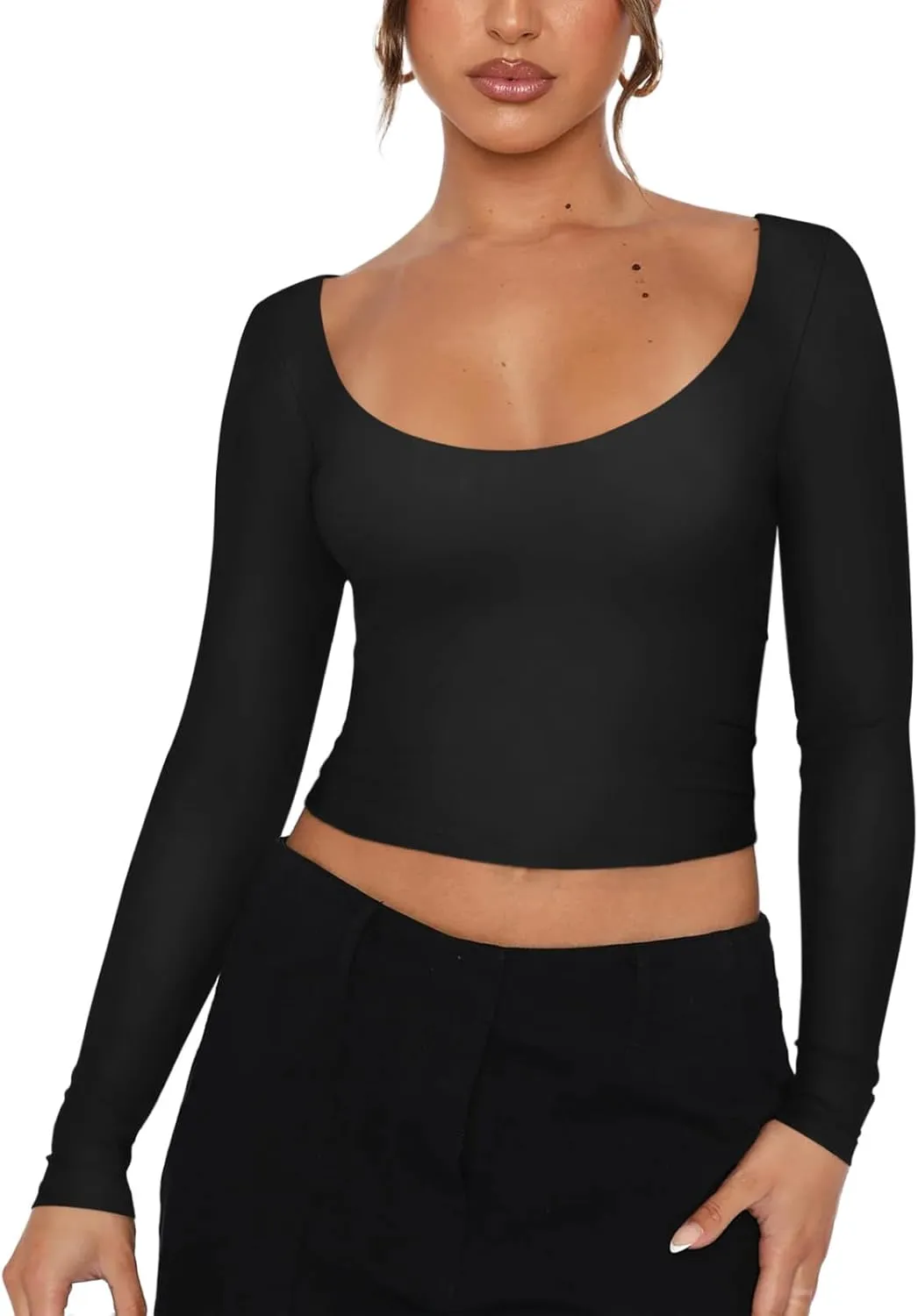 REORIA Womens Sexy Scoop Neck Long Sleeve Double Lined Basic Shirts Fitted Y2K Trendy Crop Tops