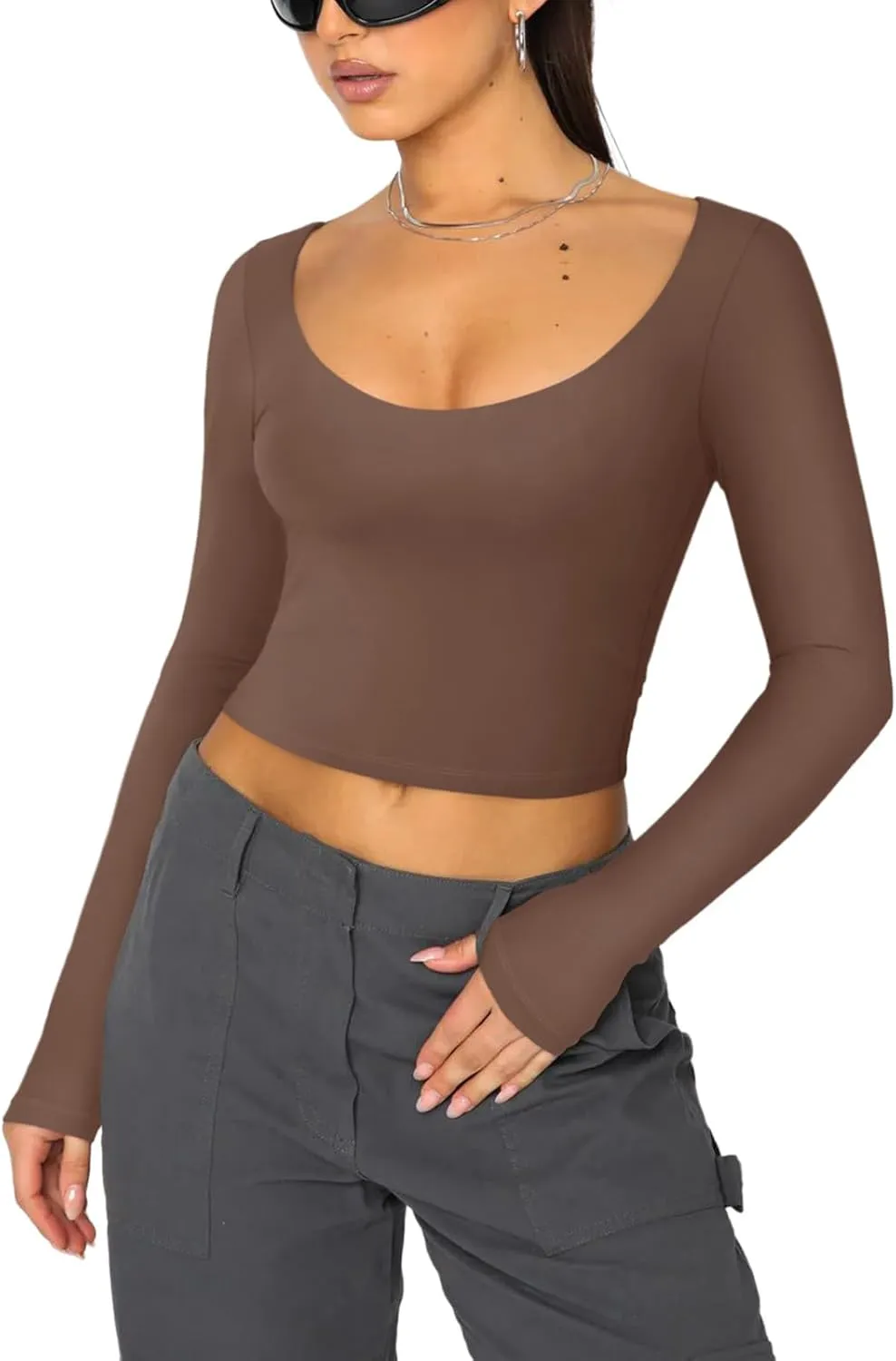 REORIA Womens Sexy Scoop Neck Long Sleeve Double Lined Basic Shirts Fitted Y2K Trendy Crop Tops