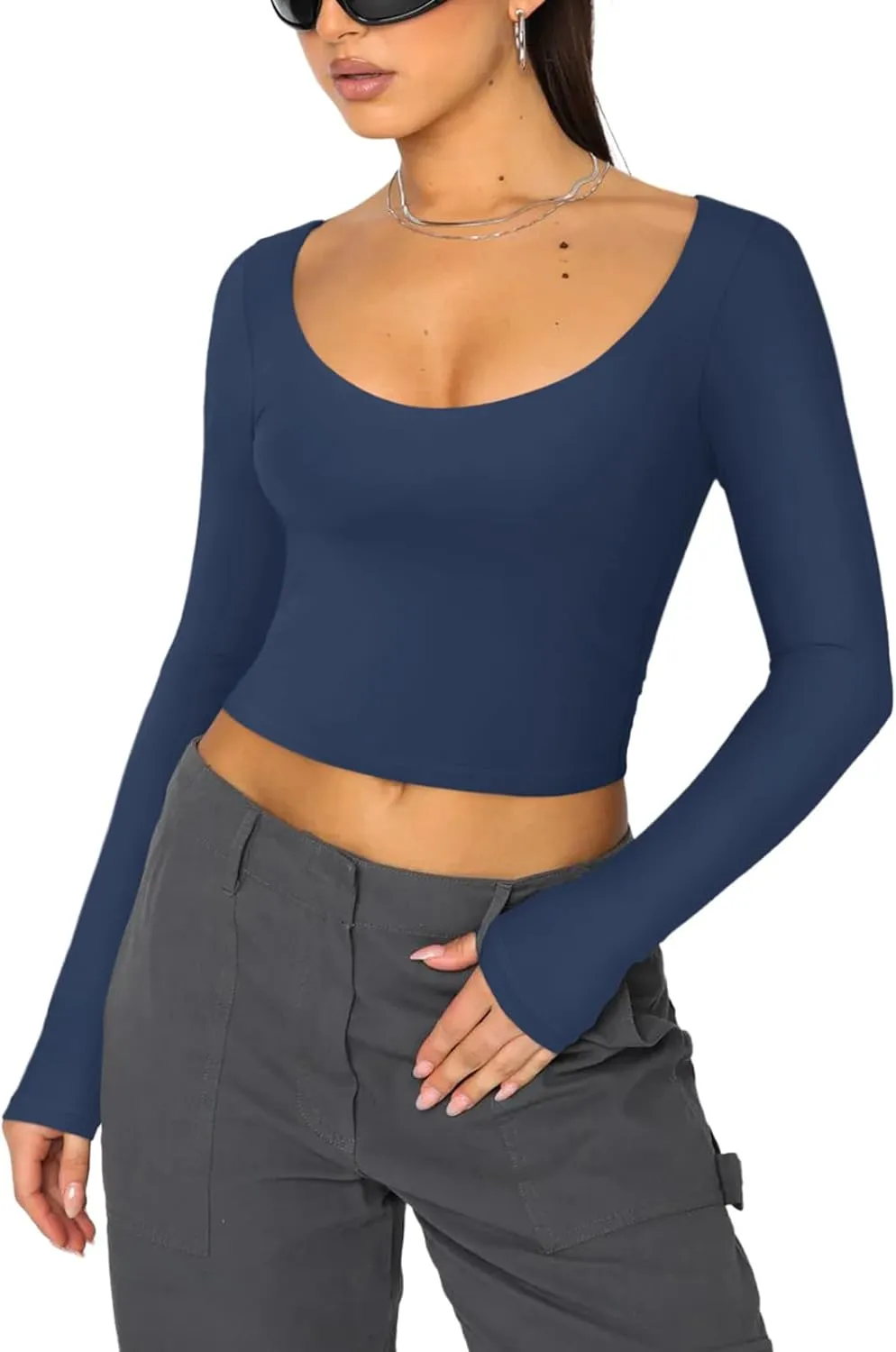 REORIA Womens Sexy Scoop Neck Long Sleeve Double Lined Basic Shirts Fitted Y2K Trendy Crop Tops