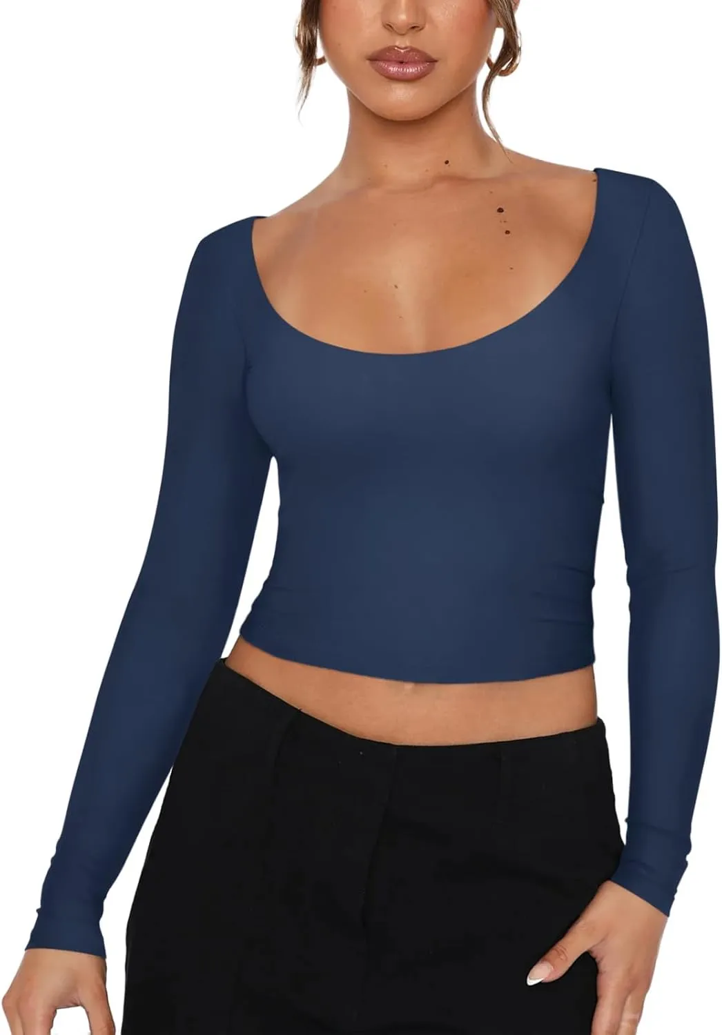 REORIA Womens Sexy Scoop Neck Long Sleeve Double Lined Basic Shirts Fitted Y2K Trendy Crop Tops