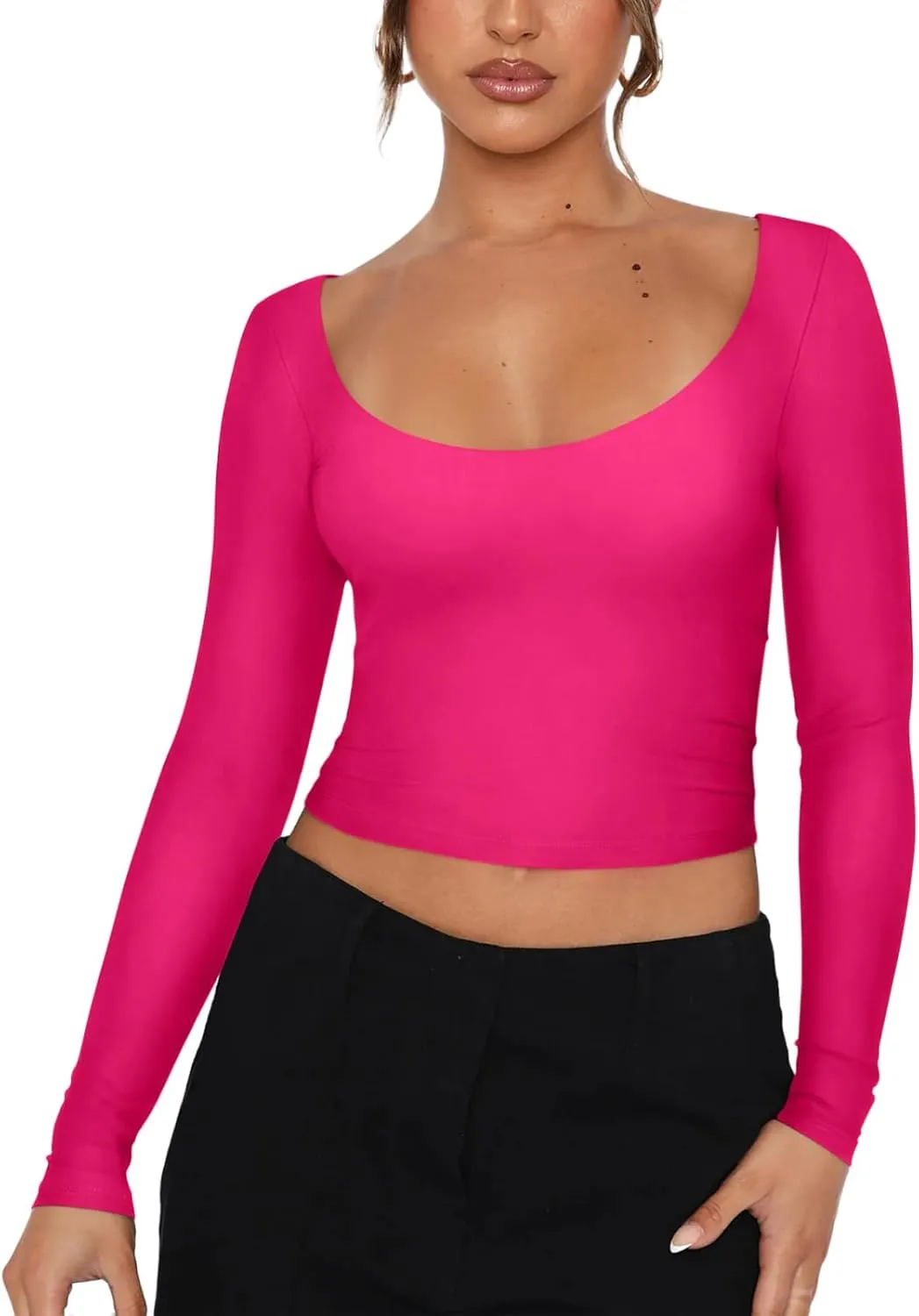 REORIA Womens Sexy Scoop Neck Long Sleeve Double Lined Basic Shirts Fitted Y2K Trendy Crop Tops