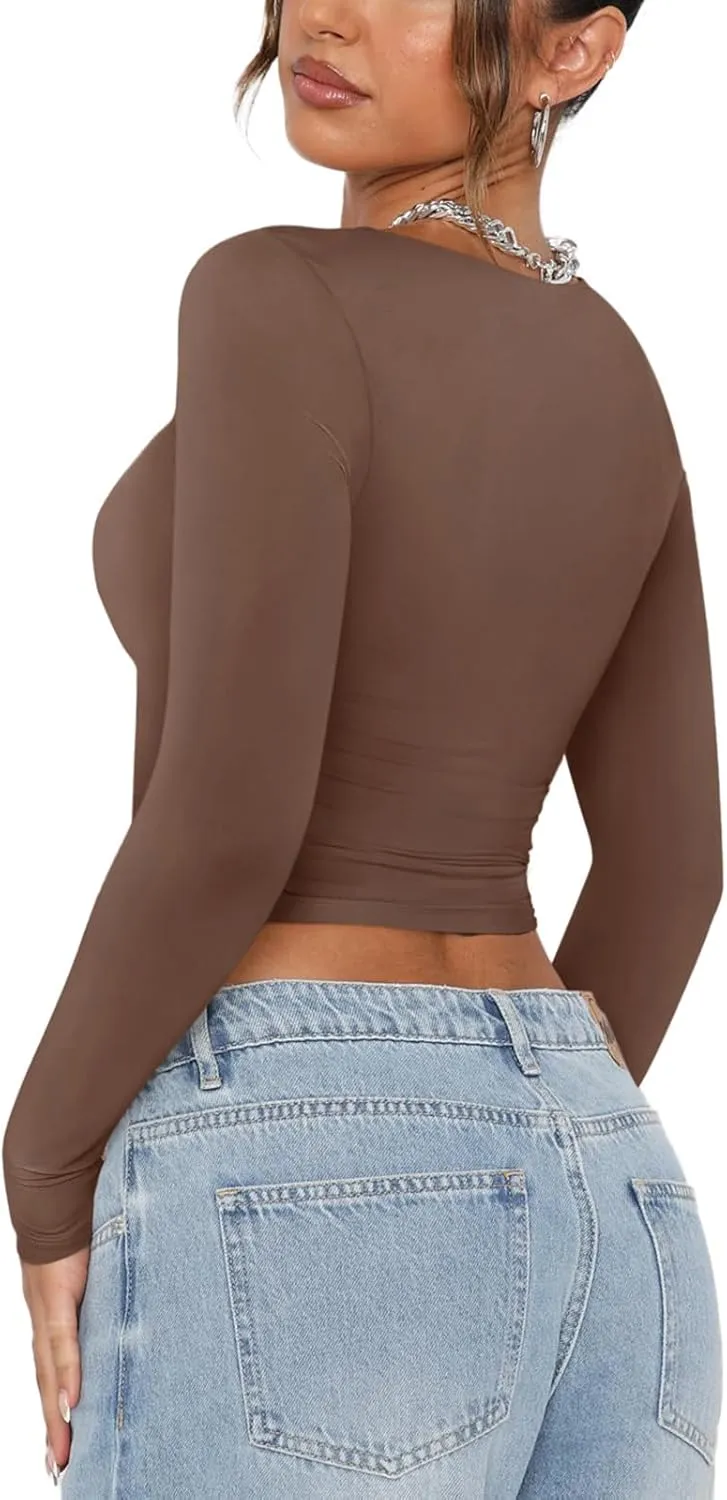 REORIA Womens Sexy Scoop Neck Long Sleeve Double Lined Basic Shirts Fitted Y2K Trendy Crop Tops