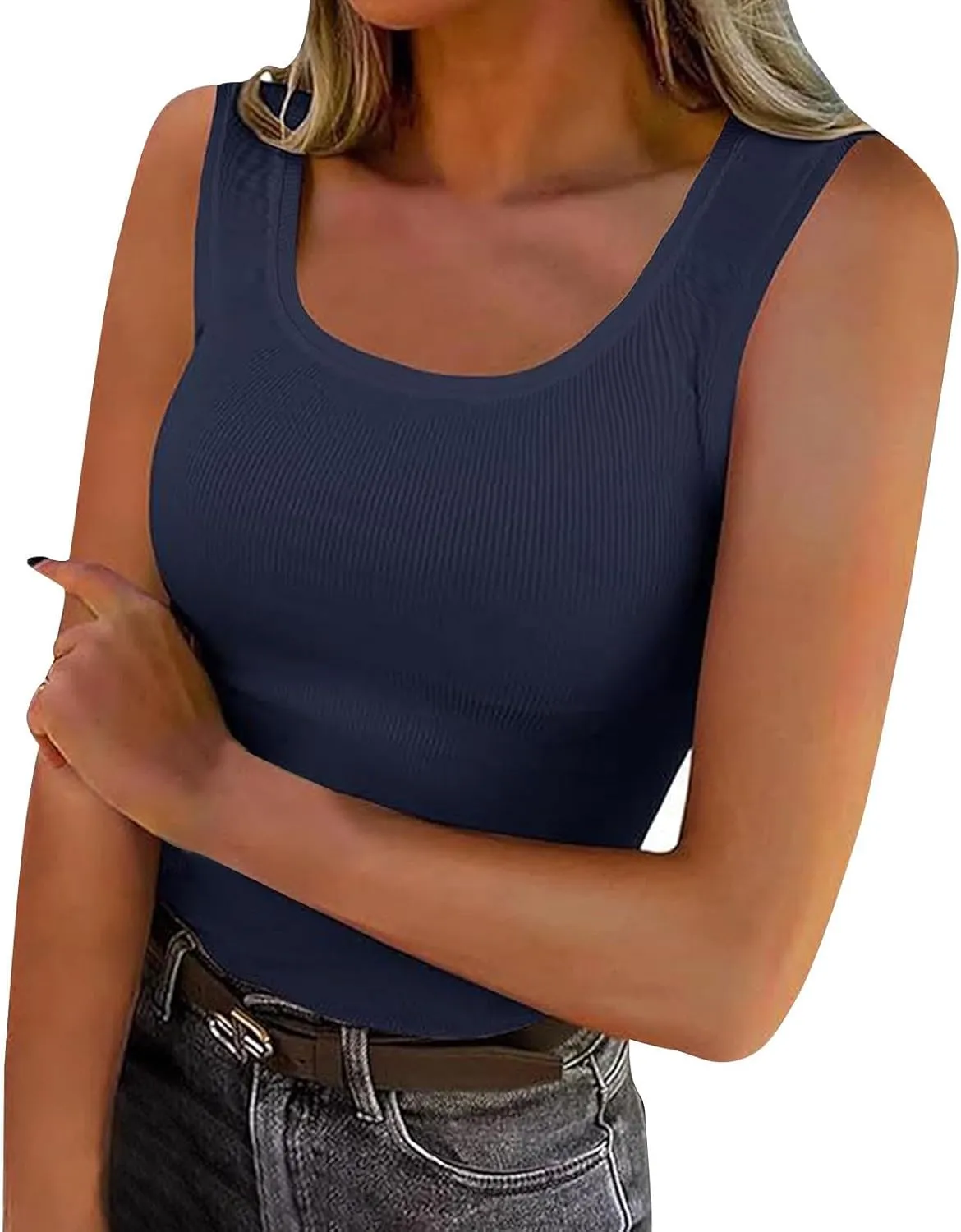 Ribbed Knit Tank Tops for Women Summer Scoop Neck Sleeveless Cropped Shirts Casual Solid Color Workout Slim Blouse