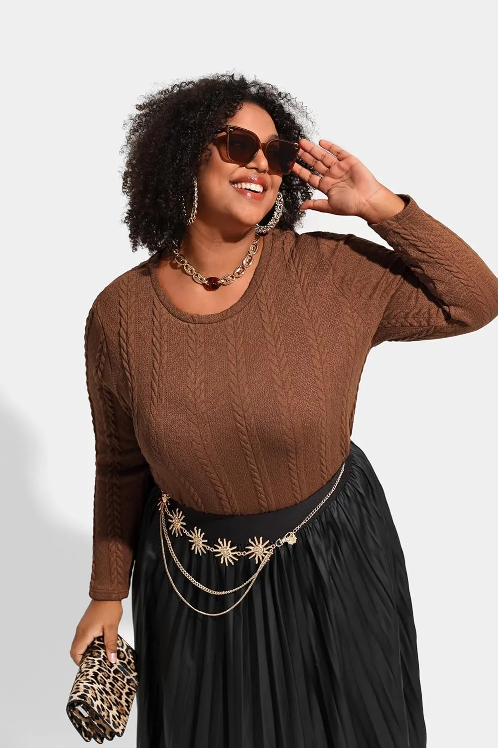 RITERA Plus Size Womens Tops Cable Knit Sweaters Casual Long Sleeve Lightweight Pullover Sweater Tops XL-5XL