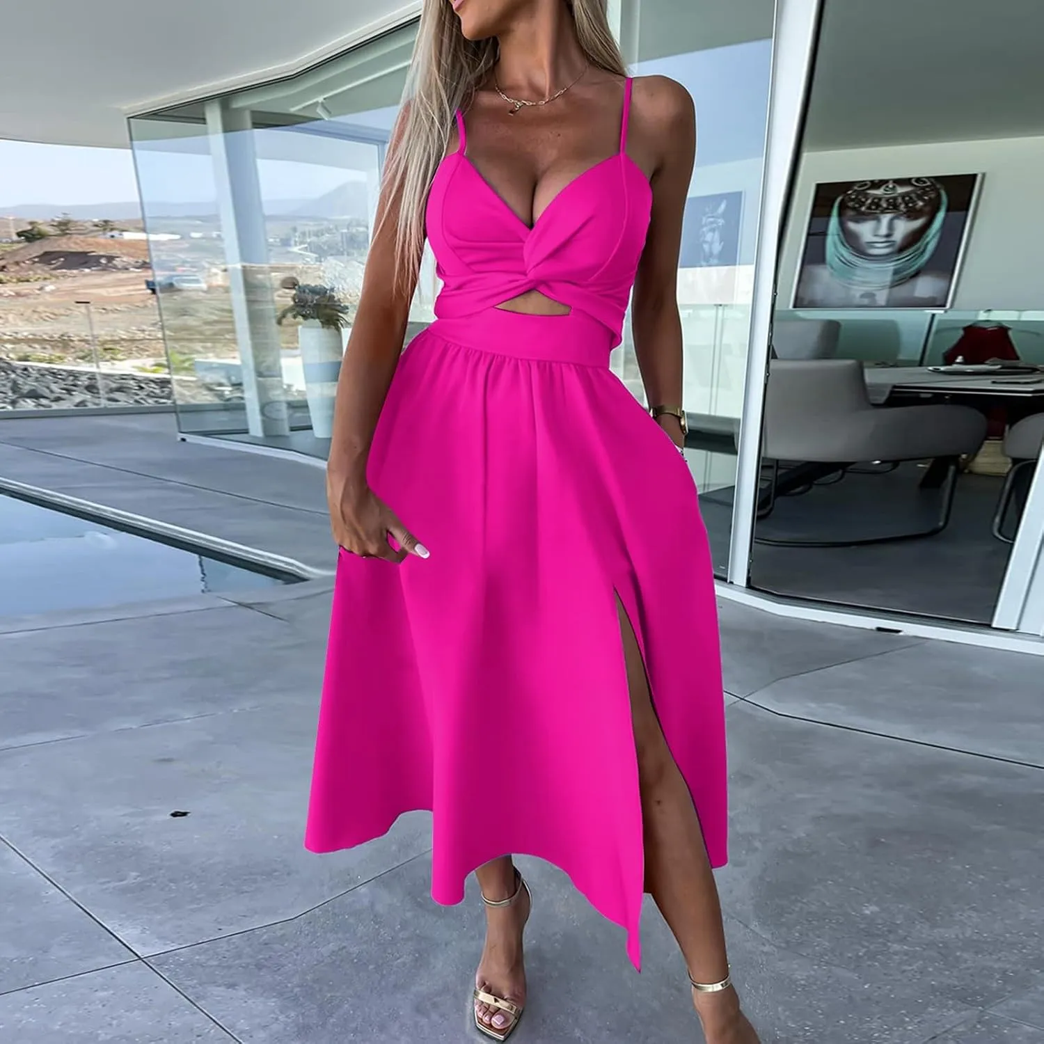 Rvidbe Summer Dresses for Women 2025 Spaghetti Strap Midi Dress Sleeveless V Neck Cutout Slit Casual Beach Party Maxi Dress