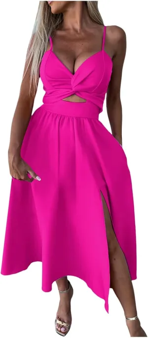 Rvidbe Summer Dresses for Women 2025 Spaghetti Strap Midi Dress Sleeveless V Neck Cutout Slit Casual Beach Party Maxi Dress