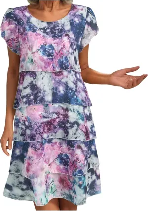 Rvidbe Women's Boho Floral Chiffon Midi Dress Summer Casual Ruffle Tiered Short Sleeve Wedding Guest Cocktail Party Dresses