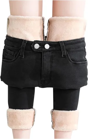 sdbrld Fleece Lined Jeans Women,Womens Fleece Lined Jeans Winter Warm High Waisted Thermal Jeans Thicken Stretchy Denim Pants
