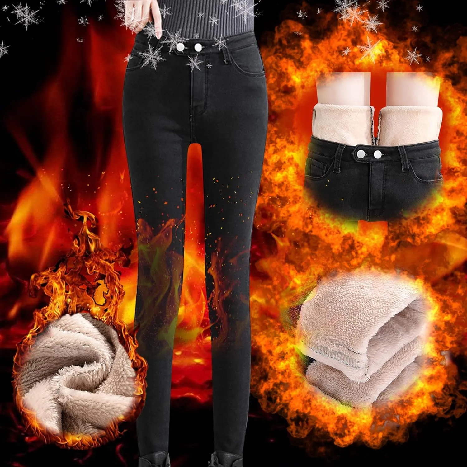 sdbrld Fleece Lined Jeans Women,Womens Fleece Lined Jeans Winter Warm High Waisted Thermal Jeans Thicken Stretchy Denim Pants