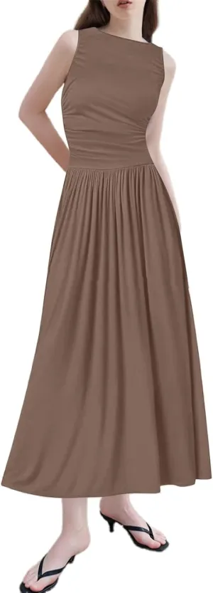 Semi Formal Dresses for Women Comfy Patchwork Sleeveless Pleated Long Dress Work Vintage Teacher Outfits