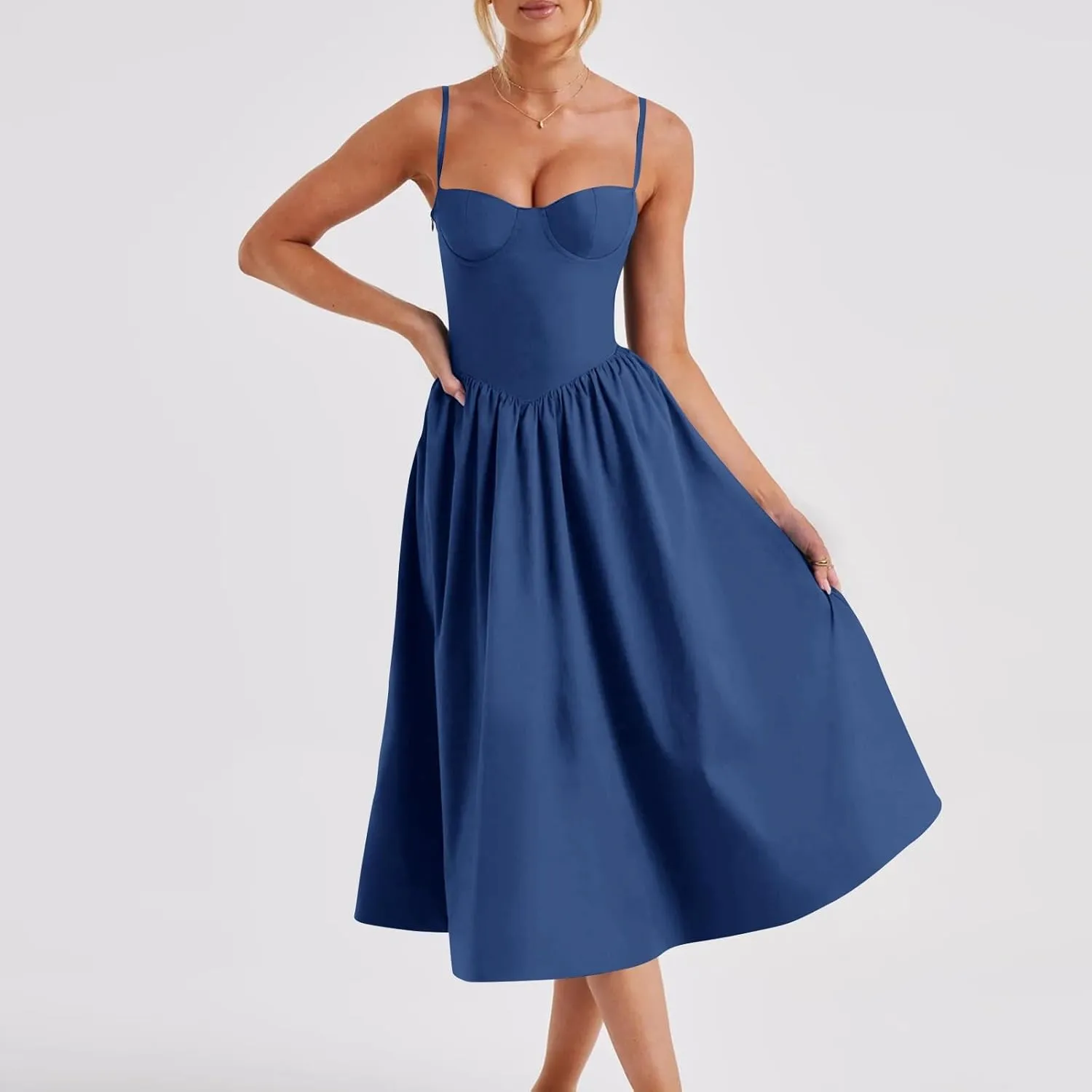 Sexy Maxi Dresses for Women 2024 Slim Fit Ruched Adjustable Spaghetti Strap Dresses Solid Back Tie Flowy Dresses