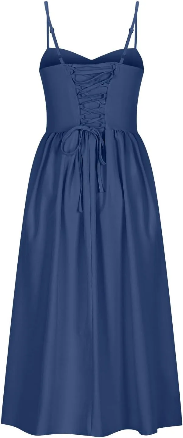 Sexy Maxi Dresses for Women 2024 Slim Fit Ruched Adjustable Spaghetti Strap Dresses Solid Back Tie Flowy Dresses