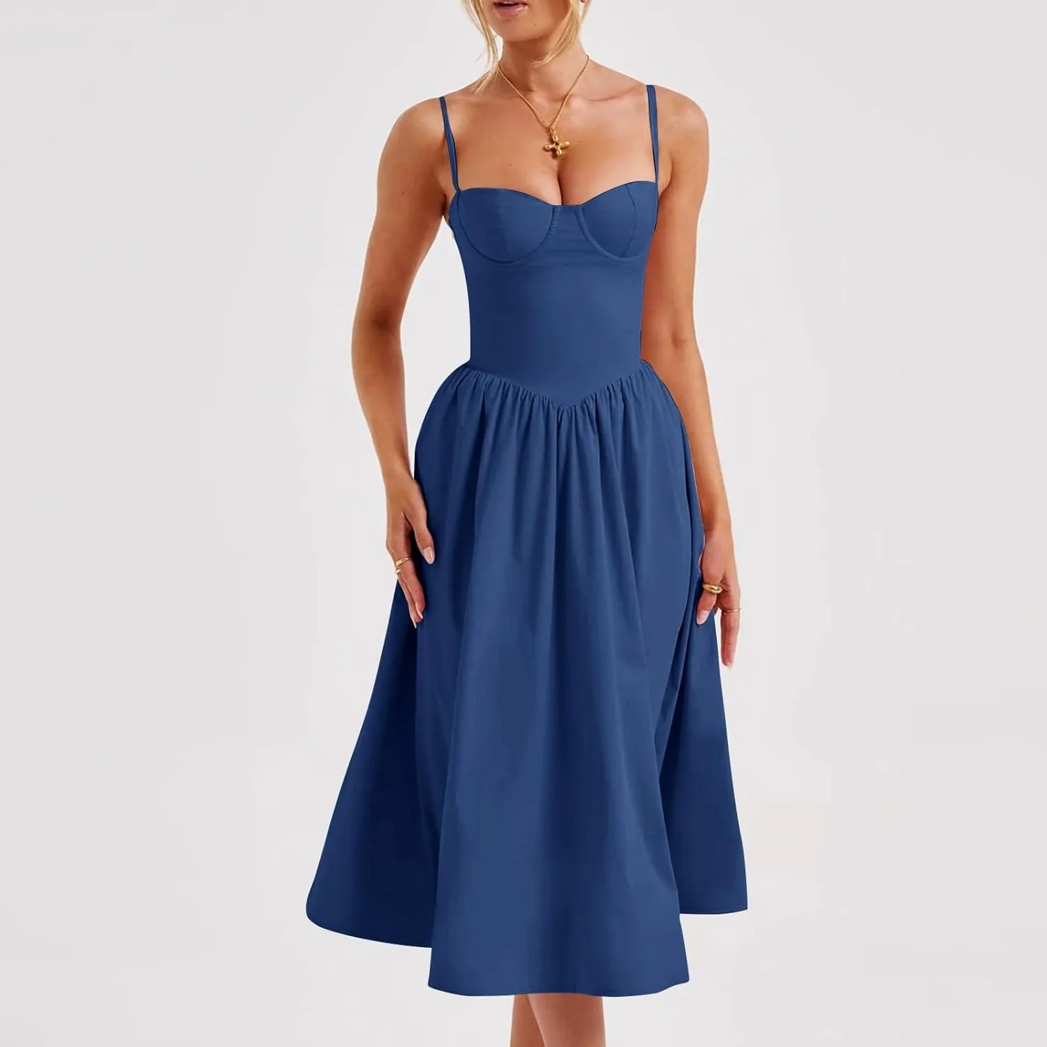 Sexy Maxi Dresses for Women 2024 Slim Fit Ruched Adjustable Spaghetti Strap Dresses Solid Back Tie Flowy Dresses