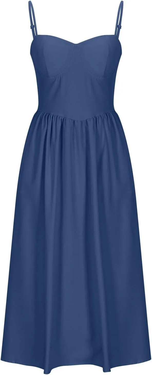 Sexy Maxi Dresses for Women 2024 Slim Fit Ruched Adjustable Spaghetti Strap Dresses Solid Back Tie Flowy Dresses
