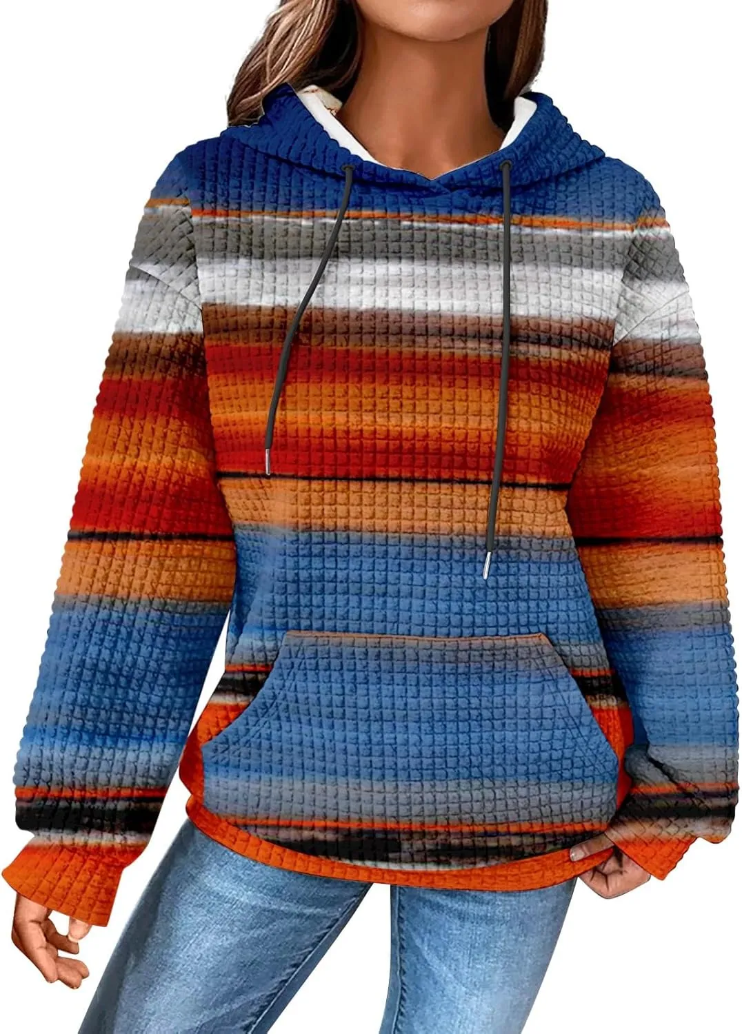 SHAOBGE Hoodies For Women Casual Pullover Waffle Long Sleeve Drawstring Hooded Sweatshirt with Pocket
