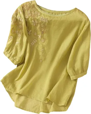 Short Sleeve Shirts for Women Summer Casual Loose Round Neck Floral Embroidery Linen T-Shirt Tops, M-2XL