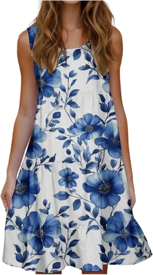 Sleeveless Beach Dresses for Women Loose Swimsuit Cover Ups Vacation Dresses Floral Swing Mini Dress Casual Dresses