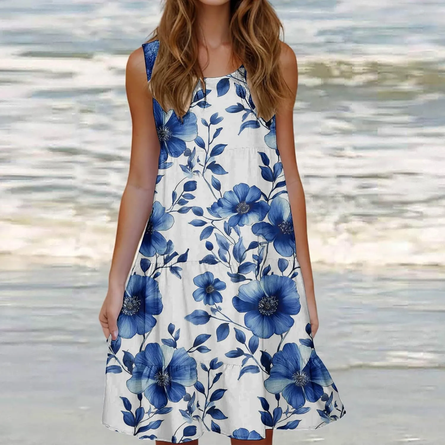 Sleeveless Beach Dresses for Women Loose Swimsuit Cover Ups Vacation Dresses Floral Swing Mini Dress Casual Dresses