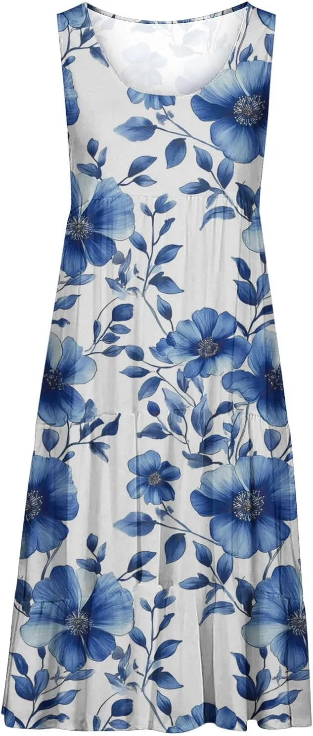 Sleeveless Beach Dresses for Women Loose Swimsuit Cover Ups Vacation Dresses Floral Swing Mini Dress Casual Dresses